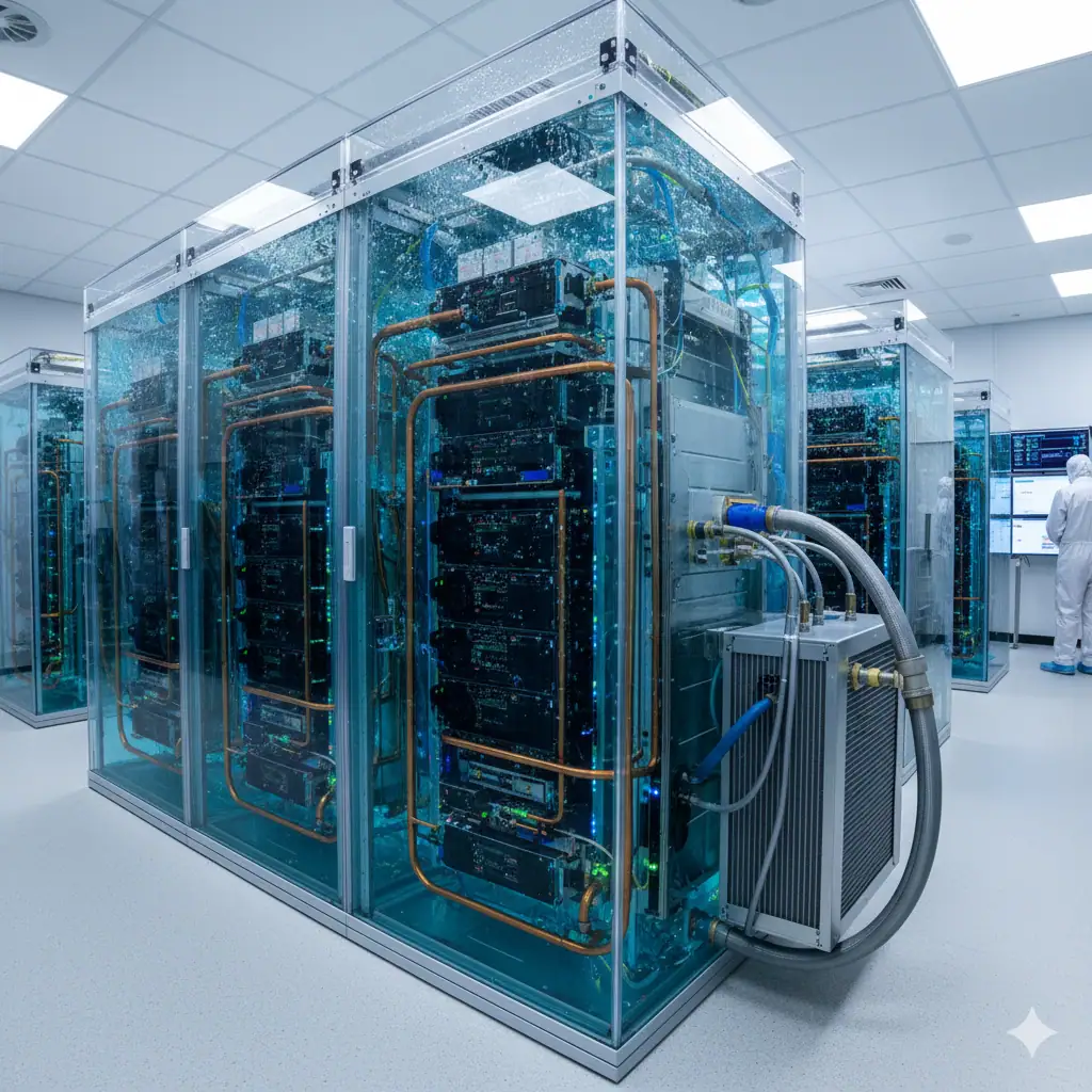 direct-liquid-cooling-server-rack-commissioning Direct liquid cooling server enclosure with internal copper piping and external heat exchanger manifold in a clean data centre environment.