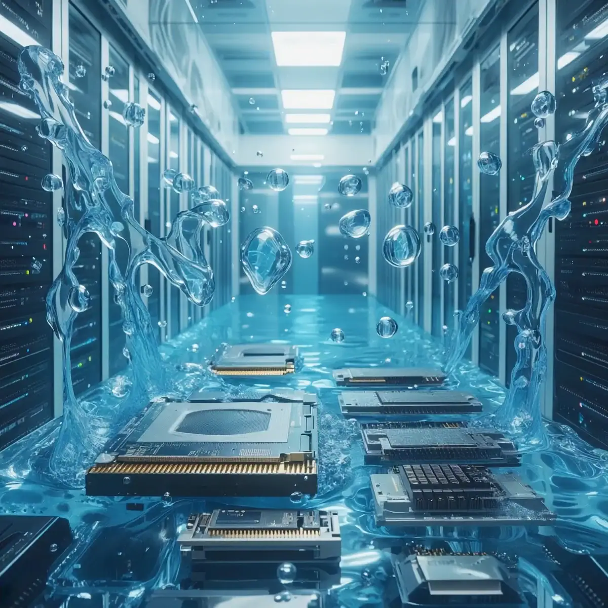 direct-to-chip-processor-liquid-thermal-load Conceptual illustration of server microprocessors submerged in liquid coolant along a data centre server aisle.