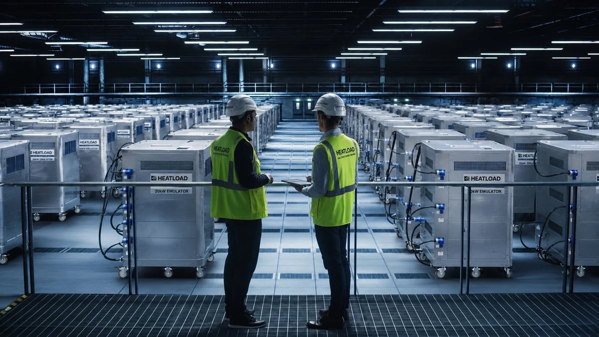 Two commissioning engineers overlooking rows of 20kW floor standing heat load emulators in a data centre