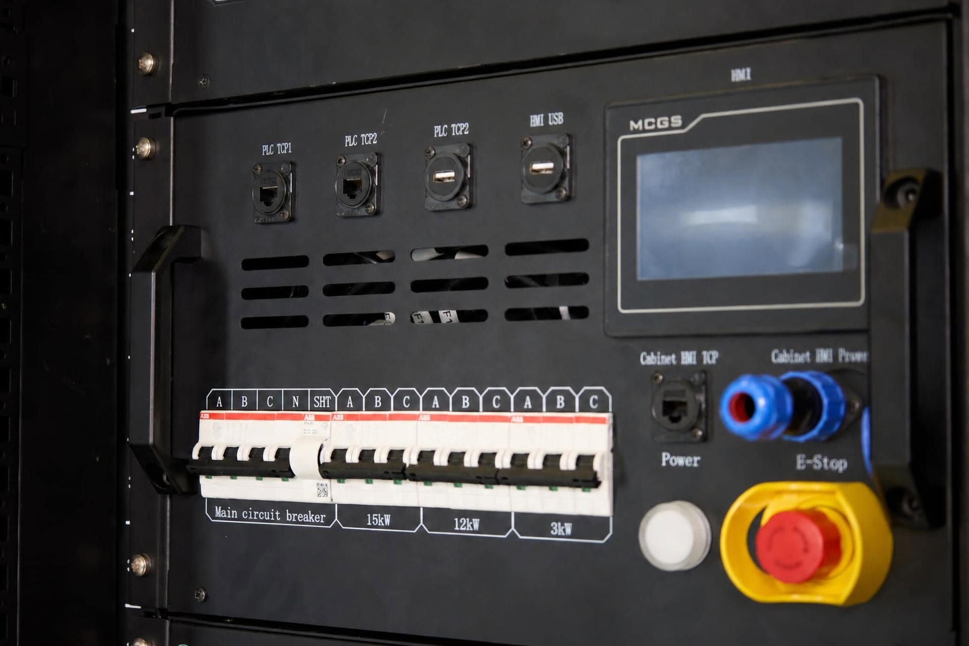 HeatLoad LBR-240 liquid load bank module control panel featuring circuit breakers, emergency stop, and PLC connectivity.