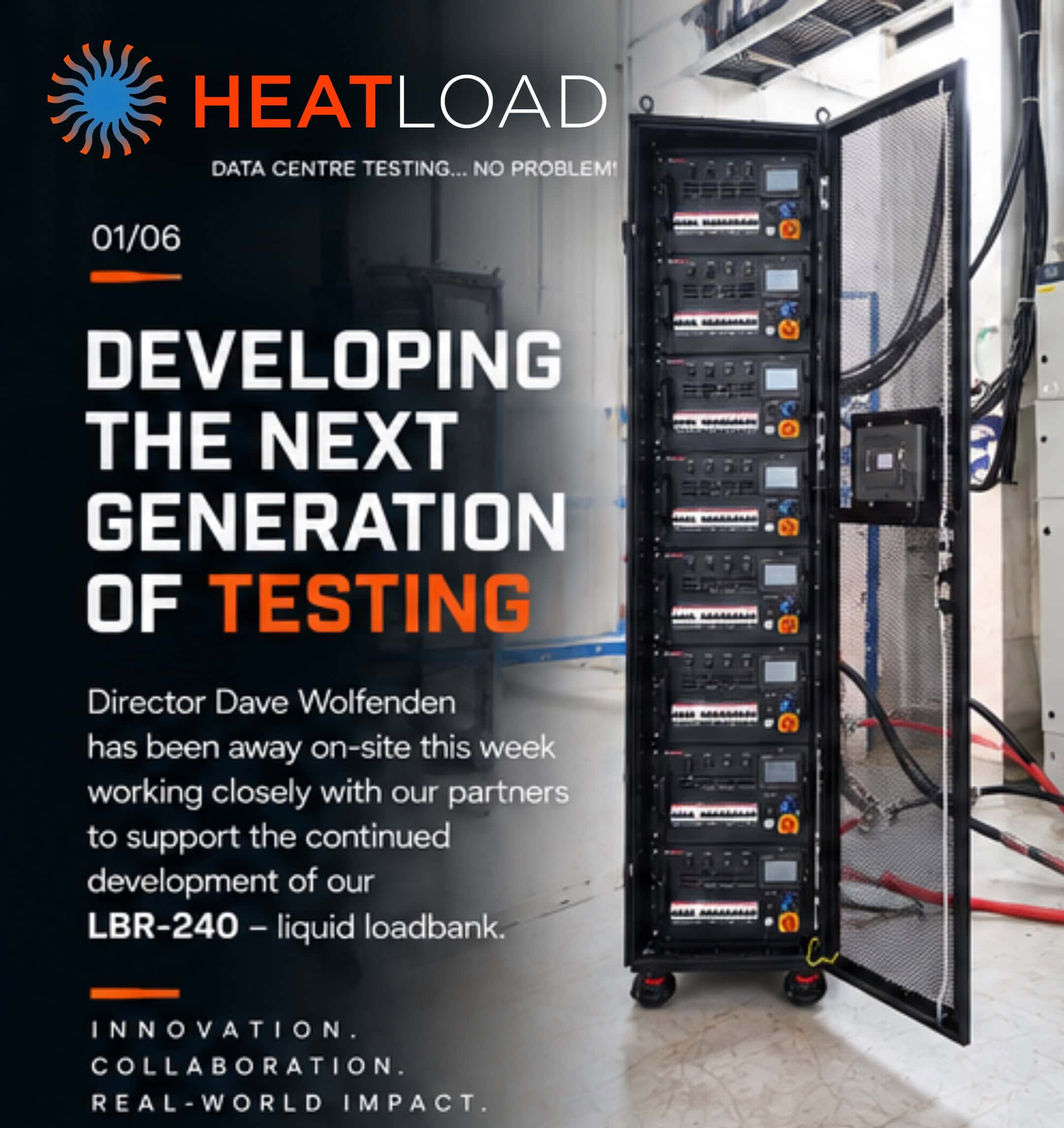 Next-Generation Liquid Load Bank Testing: Developing the LBR-240 5 HeatLoad director and engineering team wearing safety hard hats while inspecting technical data centre software controls.